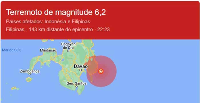 Ilha nas Filipinas é atingida por terremoto de magnitude 6,2